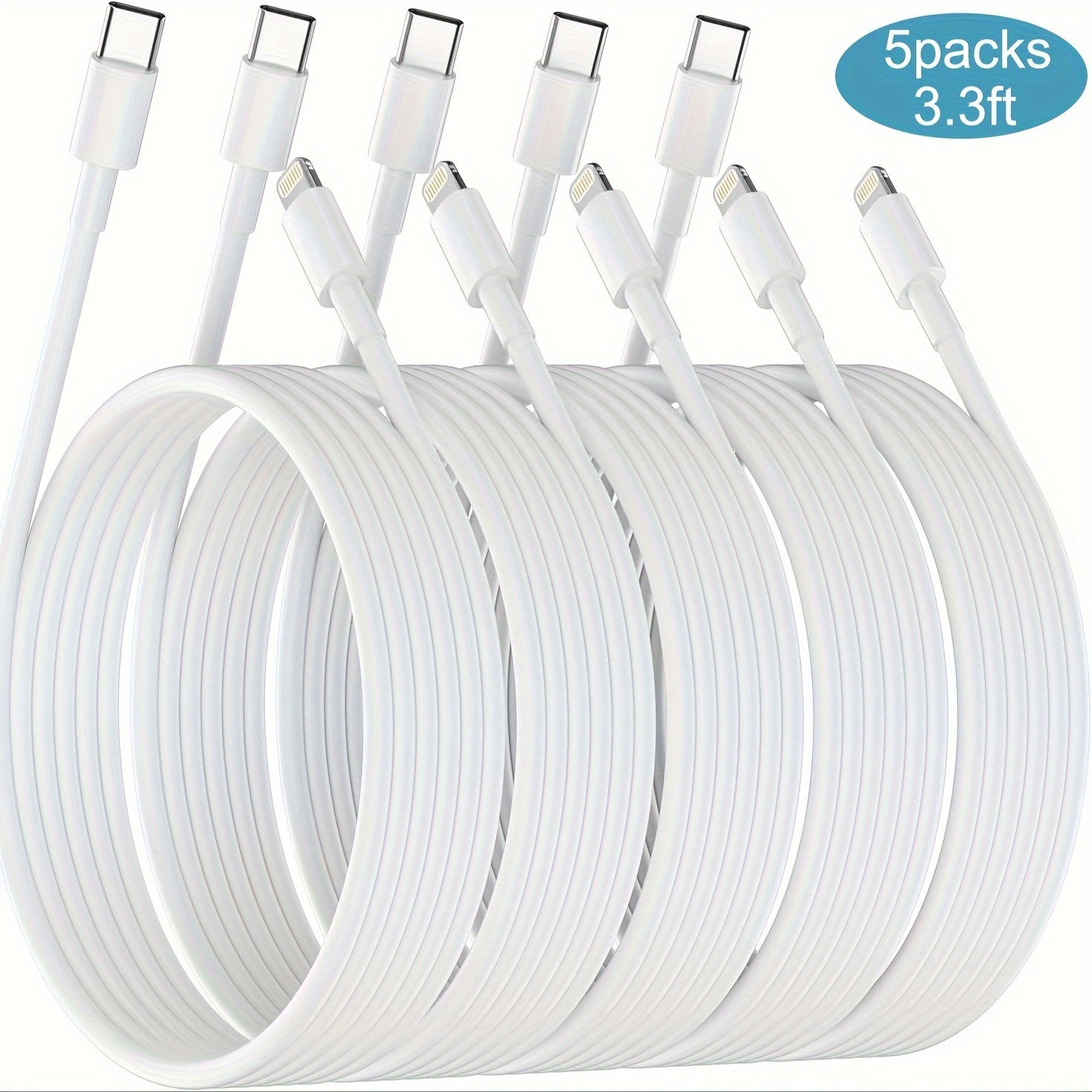 5-Pack 6FT MFi Certified Fast Charging IPhone Charger Cables - Durable, Tangle-Free, and Compatible with IPhone 14/ 13/ 12/ 12 Pro Max/ 11/ Xs Max/ XR/ X and AirPods Pro