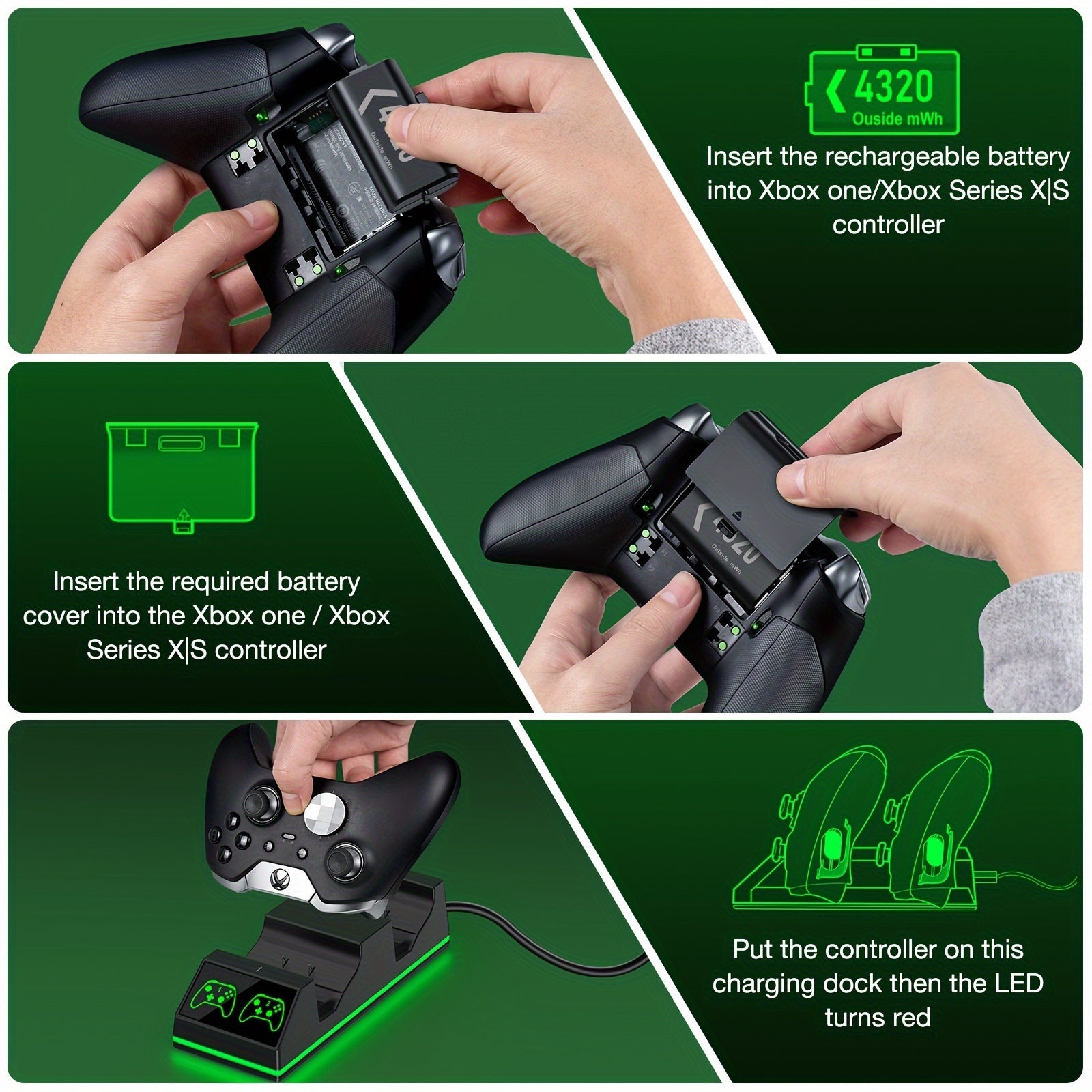 Controller Charger For Xbox One, Controller Charging Station With 2 X 4320mWh Rechargeable Battery Packs For Xbox Series X/S/One X/S/Elite