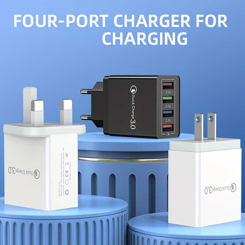 4-Port USB Charger - Rapid Charging Mobile Phone Adapter for iPhone Samsung Xiaomi - Portable Wall Charger with Compact Design and Travel-Friendly Features