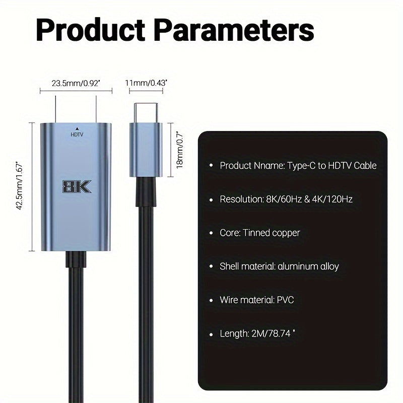 6.6 Foot 8K@60Hz Type-C to HDMI 2.1 Cable - High-Speed USB C to HDMI Adapter for 4K@120Hz, Thunderbolt 4/3 Compatible, Supports MacBook Pro/Air, iPhone 15/Plus/Pro/Pro Max, and Switch - Home Office Essential