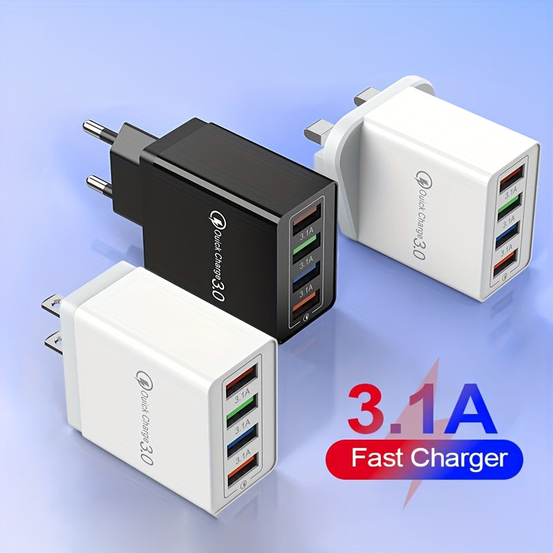 4-Port USB Charger - Rapid Charging Mobile Phone Adapter for iPhone Samsung Xiaomi - Portable Wall Charger with Compact Design and Travel-Friendly Features