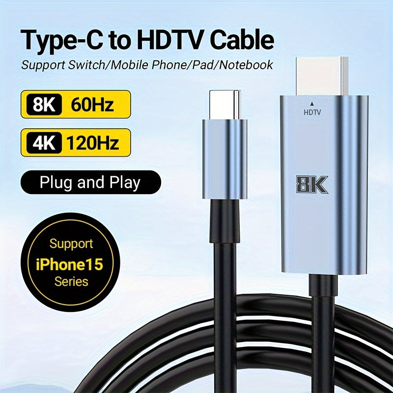 6.6 Foot 8K@60Hz Type-C to HDMI 2.1 Cable - High-Speed USB C to HDMI Adapter for 4K@120Hz, Thunderbolt 4/3 Compatible, Supports MacBook Pro/Air, iPhone 15/Plus/Pro/Pro Max, and Switch - Home Office Essential