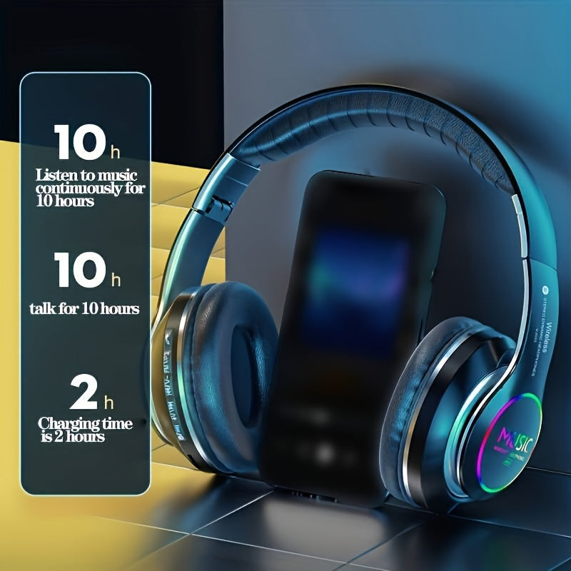 [Wireless Deep Bass Headphones] Foldable Wireless Headphones with Deep Bass, Lightweight Gaming Earbuds with Built-in Mic, 3.5mm Audio Cable Compatible, USB Type-C Charging, Non-Waterproof, Push Button Volume Control, for Tra