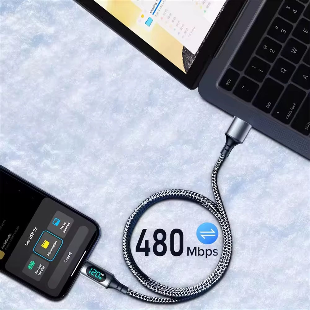 6A 120W USBA to Type C Super Fast Charge Cable Nylon Data Cord for Xiaomi POCO Samsung with Led Digital Display Cable