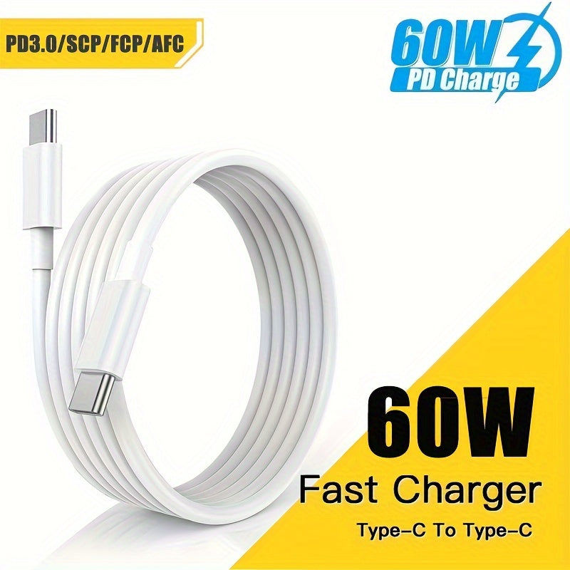 60W3A Type-C Data Cable, Fast Charging Data Cable, For Mobile Phone Charging 100 CM/3.3 Feet USB-C To Type-C Charger Cable, Suitable For Samsung, IPhone, Xiaomi