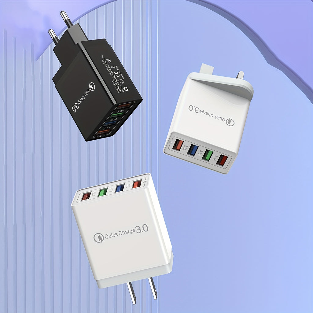 4-Port USB Charger - Rapid Charging Mobile Phone Adapter for iPhone Samsung Xiaomi - Portable Wall Charger with Compact Design and Travel-Friendly Features