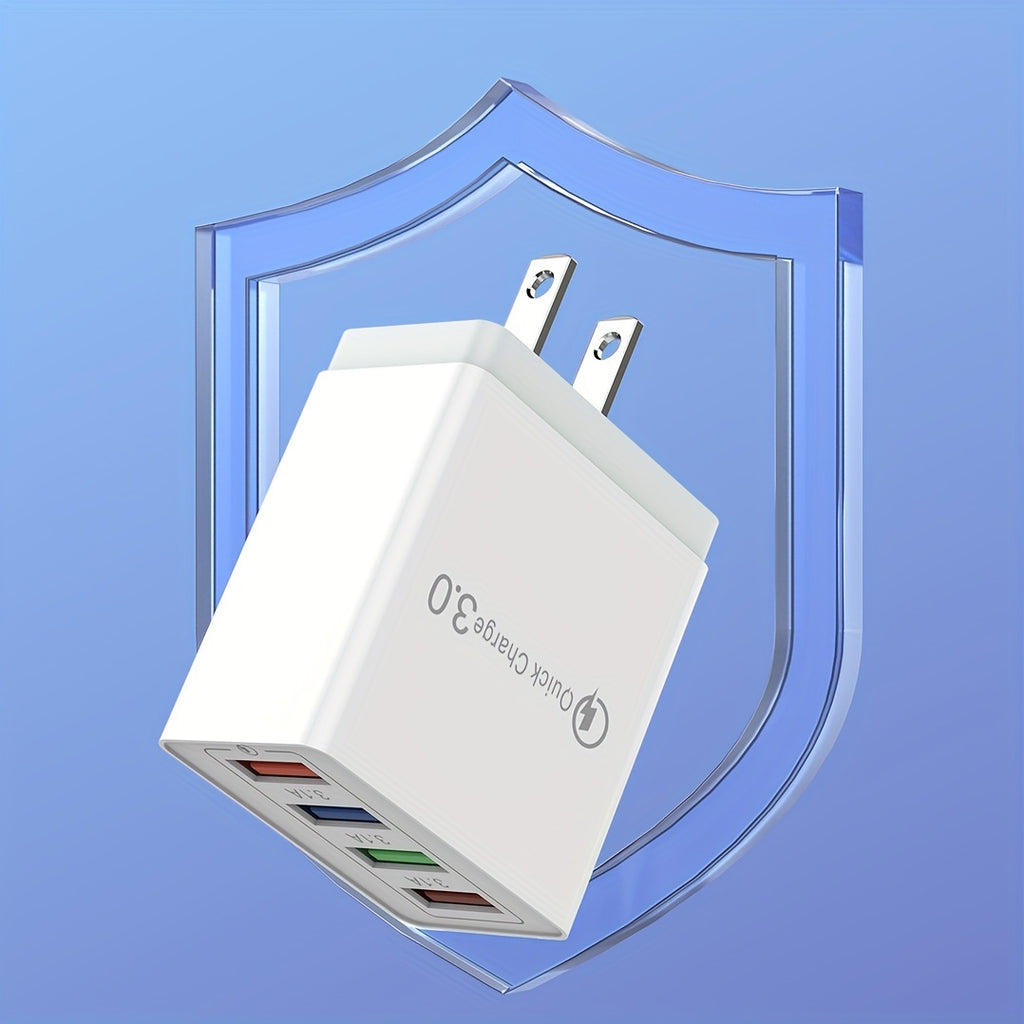 4-Port USB Charger - Rapid Charging Mobile Phone Adapter for iPhone Samsung Xiaomi - Portable Wall Charger with Compact Design and Travel-Friendly Features